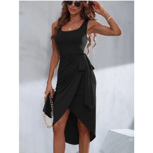 Casual Black Dress Tie Side Faux Wrap Tank - Picture 3 of 8